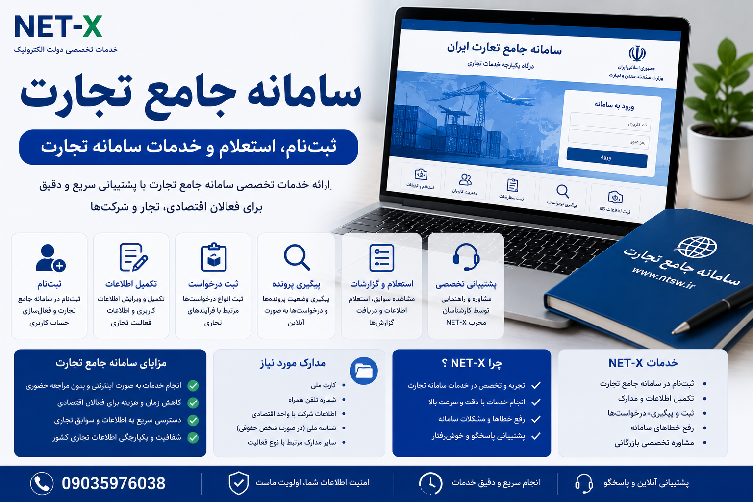 خدمات سامانه جامع تجارت شامل ثبت‌نام، تکمیل اطلاعات، پیگیری درخواست‌ها و پشتیبانی تخصصی NET-X