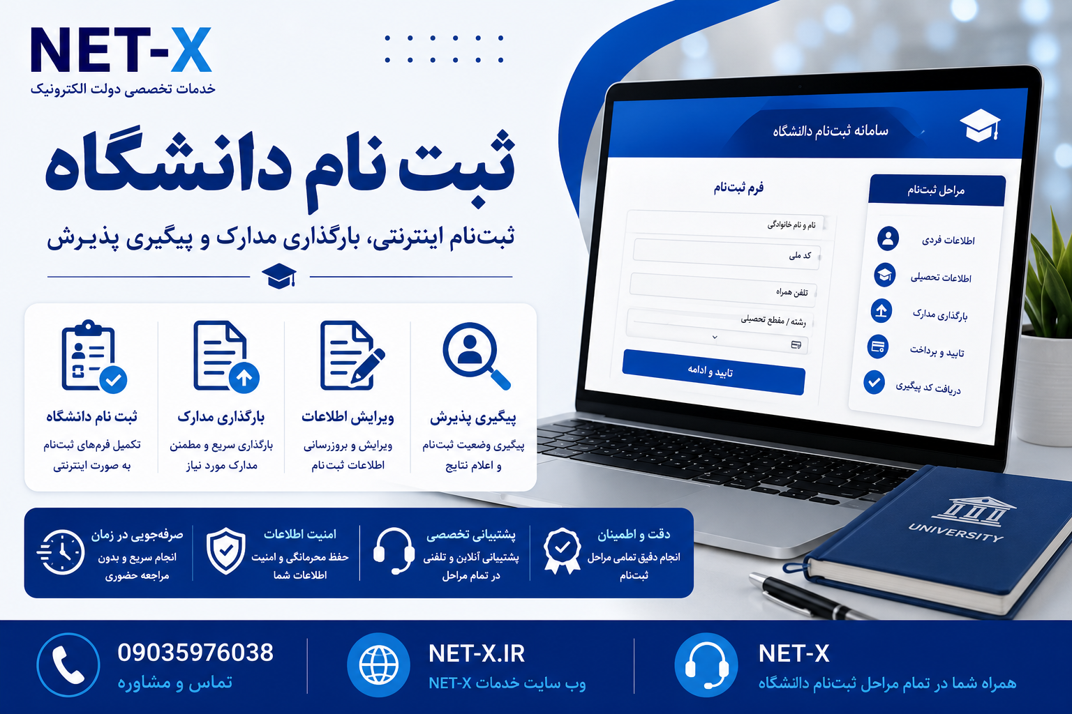 خدمات ثبت نام دانشگاه، بارگذاری مدارک، تکمیل فرم‌های دانشجویی و پیگیری ثبت‌نام با NET-X.
