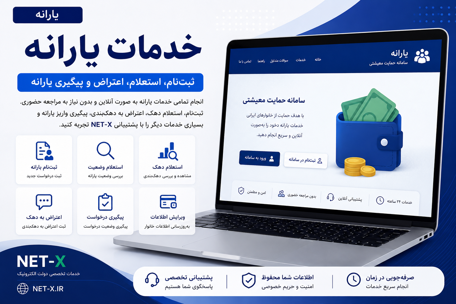 خدمات یارانه شامل ثبت‌نام، استعلام دهک، اعتراض به دهک‌بندی، پیگیری یارانه نقدی و معیشتی با خدمات تخصصی NET-X